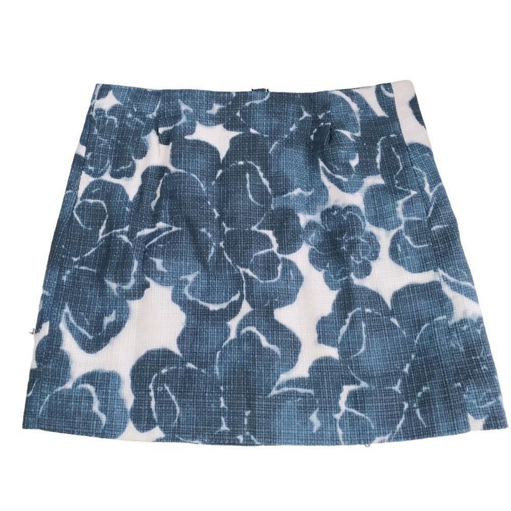J. Crew Tweed Blue White Floral Cotton Abstract Mini Skirt Size 2 Lined Zip Up